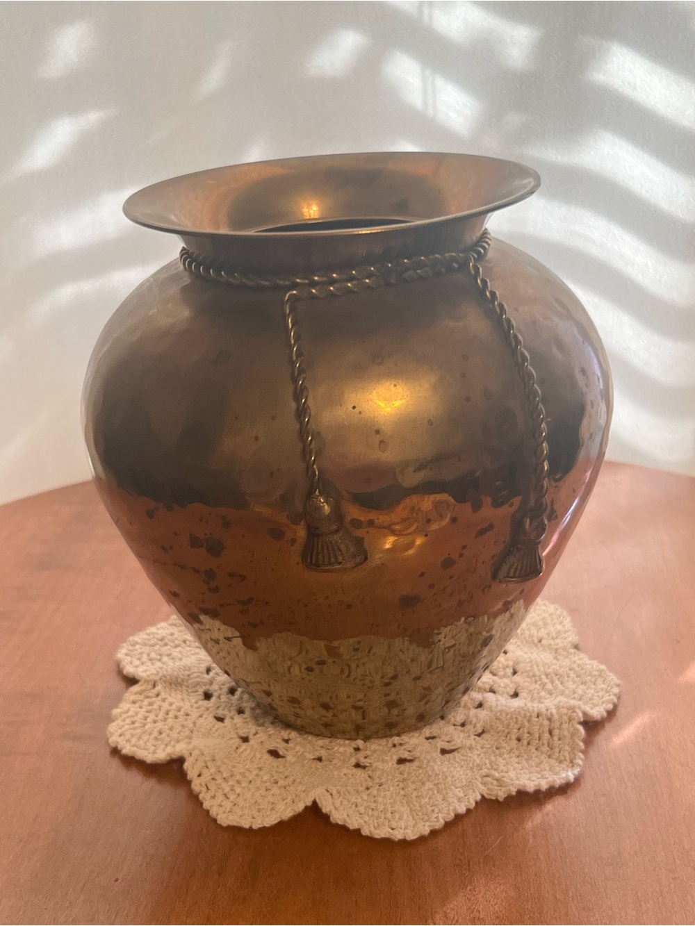 Vintage Brass Decorative Vase with Tassels and Hammered Look